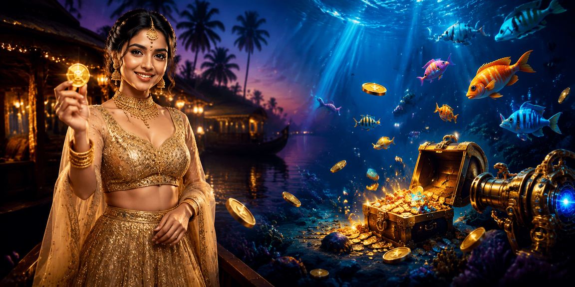 Traditional Kerala backwaters view with a fishing game theme