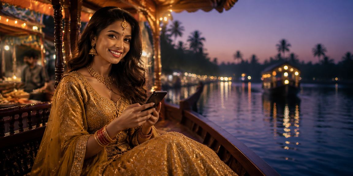 Kerala backwaters with mobile casino player in traditional lehenga