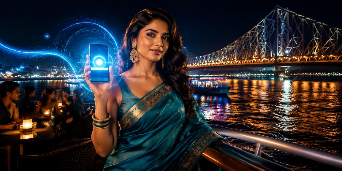 Woman making online deposit on mobile in Kolkata setting